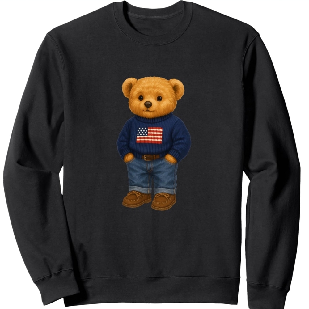 Black Sweatshirt with Bear and Flag Graphic